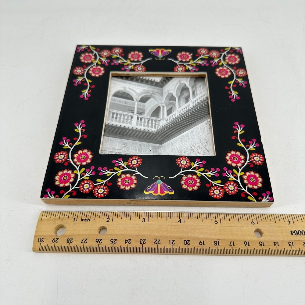 World Market Floral Butterfly Wood Picture Frame Black Pink Folk Art 6.5x6.5 - Picture 5 of 7